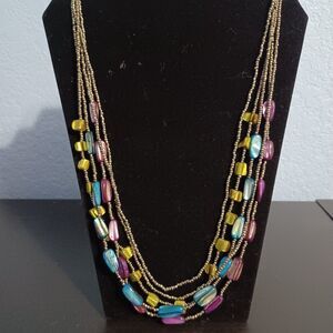 Multi-Strand Black, Green, Blue, Purple Beaded Statement Necklace, 20"